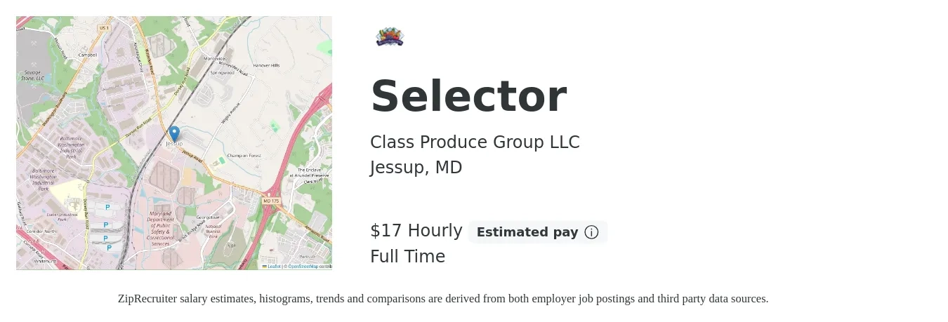Class Produce Group LLC job posting for a Selector in Jessup, MD with a salary of $18 Hourly with a map of Jessup location.