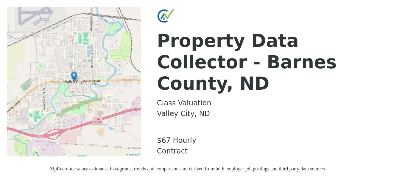 Class Valuation job posting for a Property Data Collector - Barnes County, ND in Valley City, ND with a salary of $70 Hourly with a map of Valley City location.