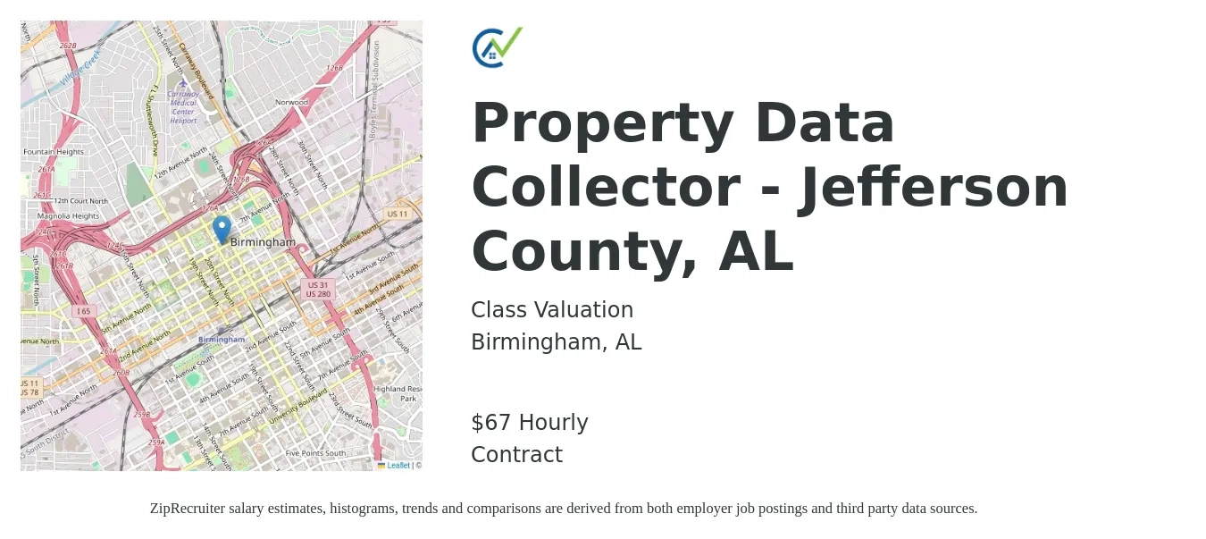 Class Valuation job posting for a Property Data Collector - Jefferson County, AL in Birmingham, AL with a salary of $70 Hourly with a map of Birmingham location.