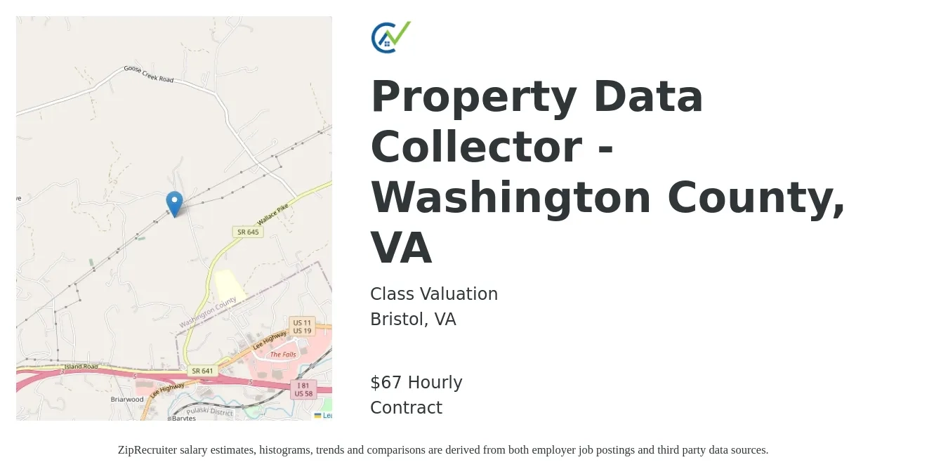 Class Valuation job posting for a Property Data Collector - Washington County, VA in Bristol, VA with a salary of $70 Hourly with a map of Bristol location.