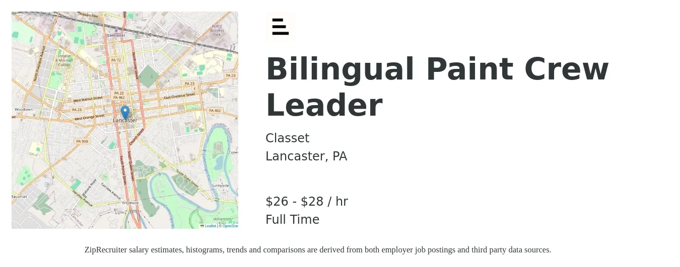 Classet job posting for a Bilingual Paint Crew Leader in Lancaster, PA with a salary of $28 to $30 Hourly with a map of Lancaster location.