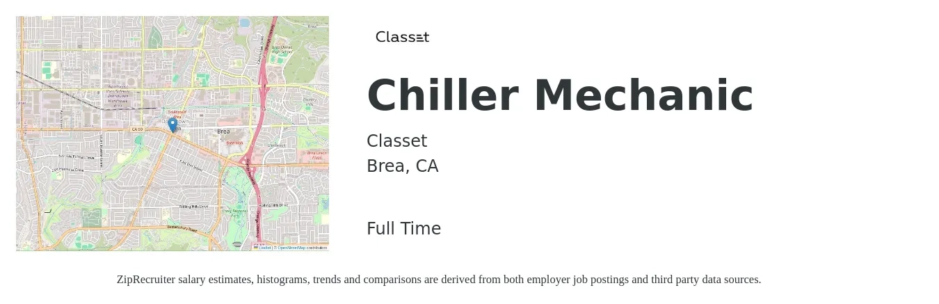 Classet job posting for a Chiller Mechanic in Brea, CA with a salary of $23 to $34 Hourly with a map of Brea location.