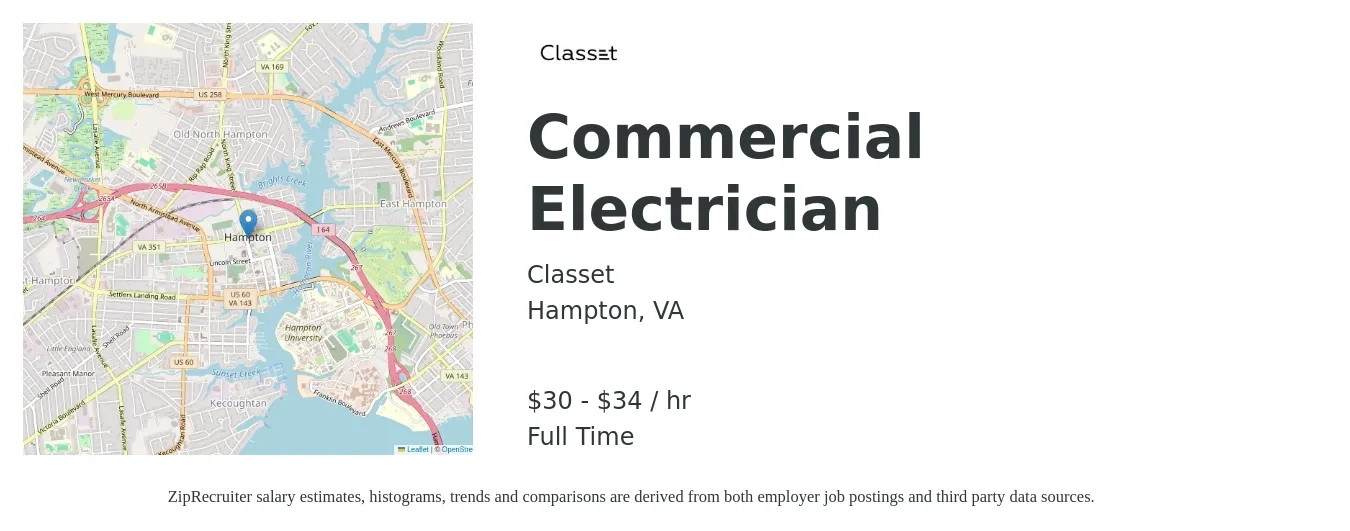Classet job posting for a Commercial Electrician in Hampton, VA with a salary of $32 to $36 Hourly with a map of Hampton location.