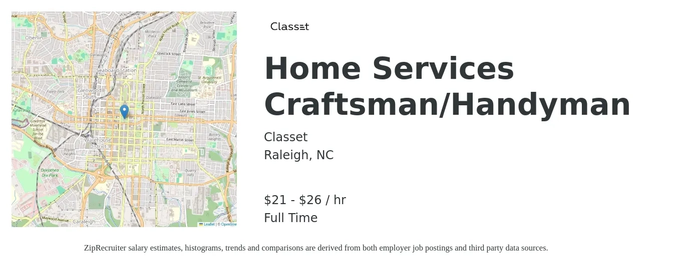 Classet job posting for a Home Services Craftsman/Handyman in Raleigh, NC with a salary of $22 to $28 Hourly with a map of Raleigh location.