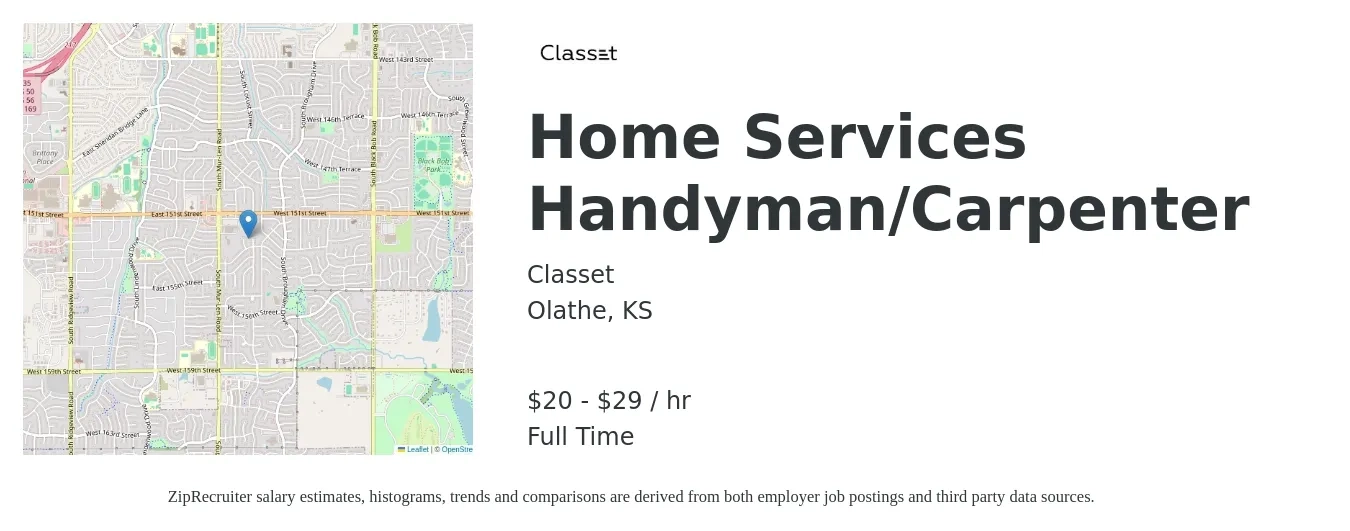 Classet job posting for a Home Services Handyman/Carpenter in Olathe, KS with a salary of $21 to $31 Hourly with a map of Olathe location.