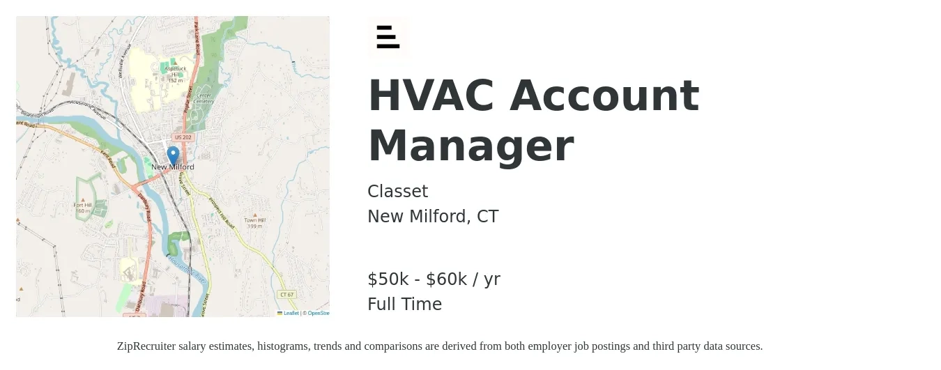 Classet job posting for a HVAC Account Manager in New Milford, CT with a salary of $50,000 to $60,000 Yearly with a map of New Milford location.