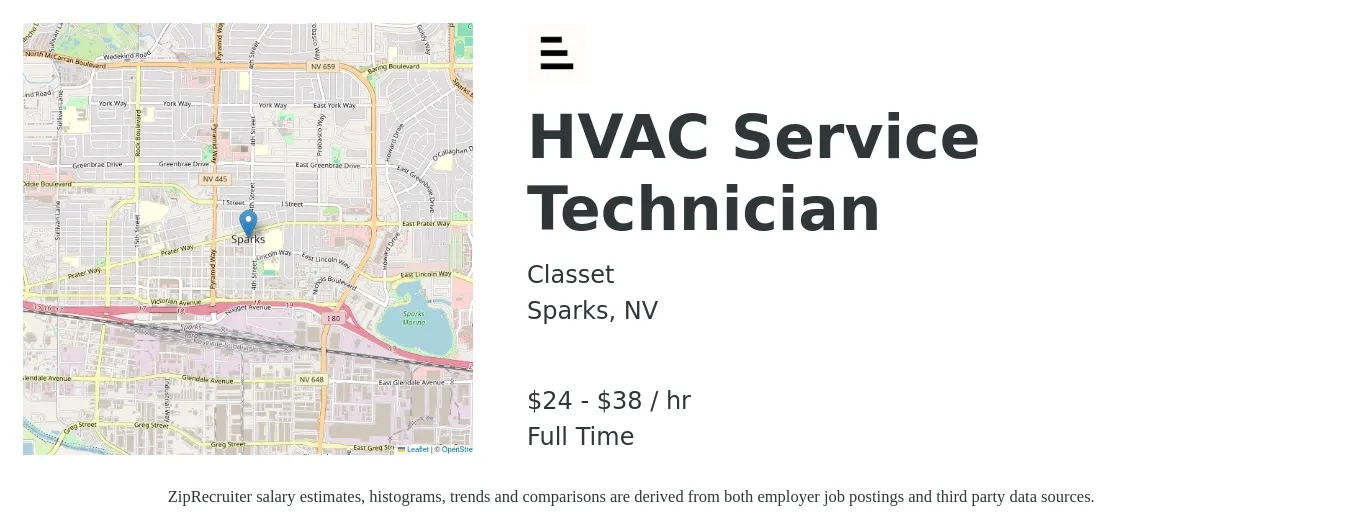 Classet job posting for a HVAC Service Technician in Sparks, NV with a salary of $25 to $40 Hourly with a map of Sparks location.