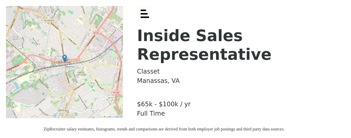 Classet job posting for a Inside Sales Representative in Manassas, VA with a salary of $65,000 to $100,000 Yearly with a map of Manassas location.