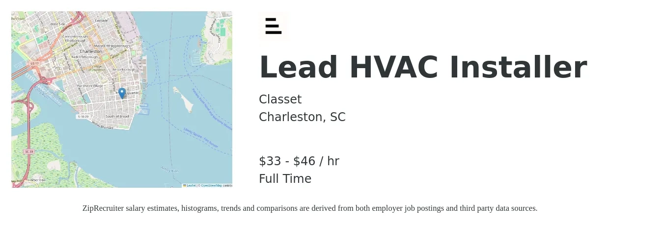Classet job posting for a Lead HVAC Installer in Charleston, SC with a salary of $35 to $48 Hourly with a map of Charleston location.