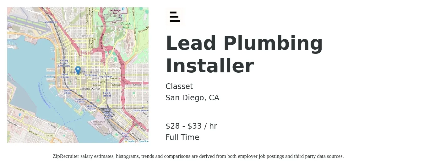 Classet job posting for a Lead Plumbing Installer in San Diego, CA with a salary of $30 to $35 Hourly with a map of San Diego location.