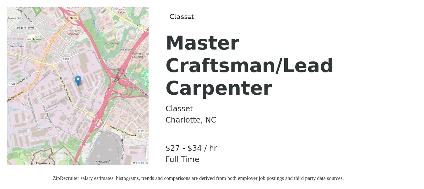 Classet job posting for a Master Craftsman/Lead Carpenter in Charlotte, NC with a salary of $29 to $36 Hourly with a map of Charlotte location.