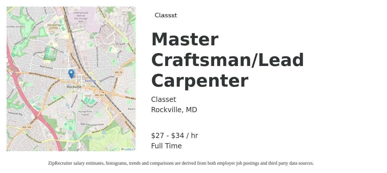 Classet job posting for a Master Craftsman/Lead Carpenter in Rockville, MD with a salary of $29 to $36 Hourly with a map of Rockville location.