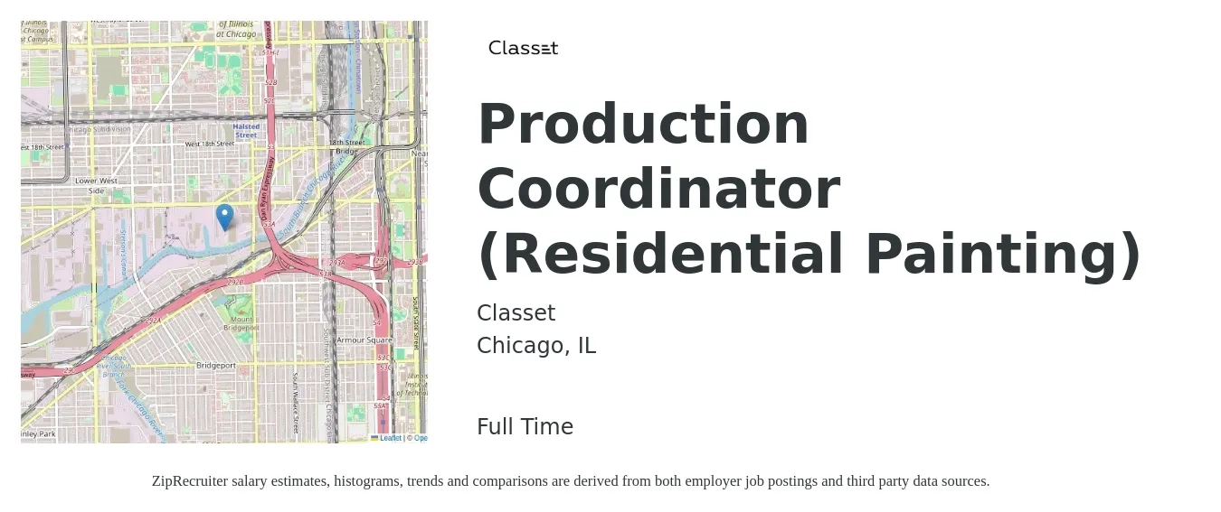 Classet job posting for a Production Coordinator (Residential Painting) in Chicago, IL with a salary of $21 to $30 Hourly with a map of Chicago location.