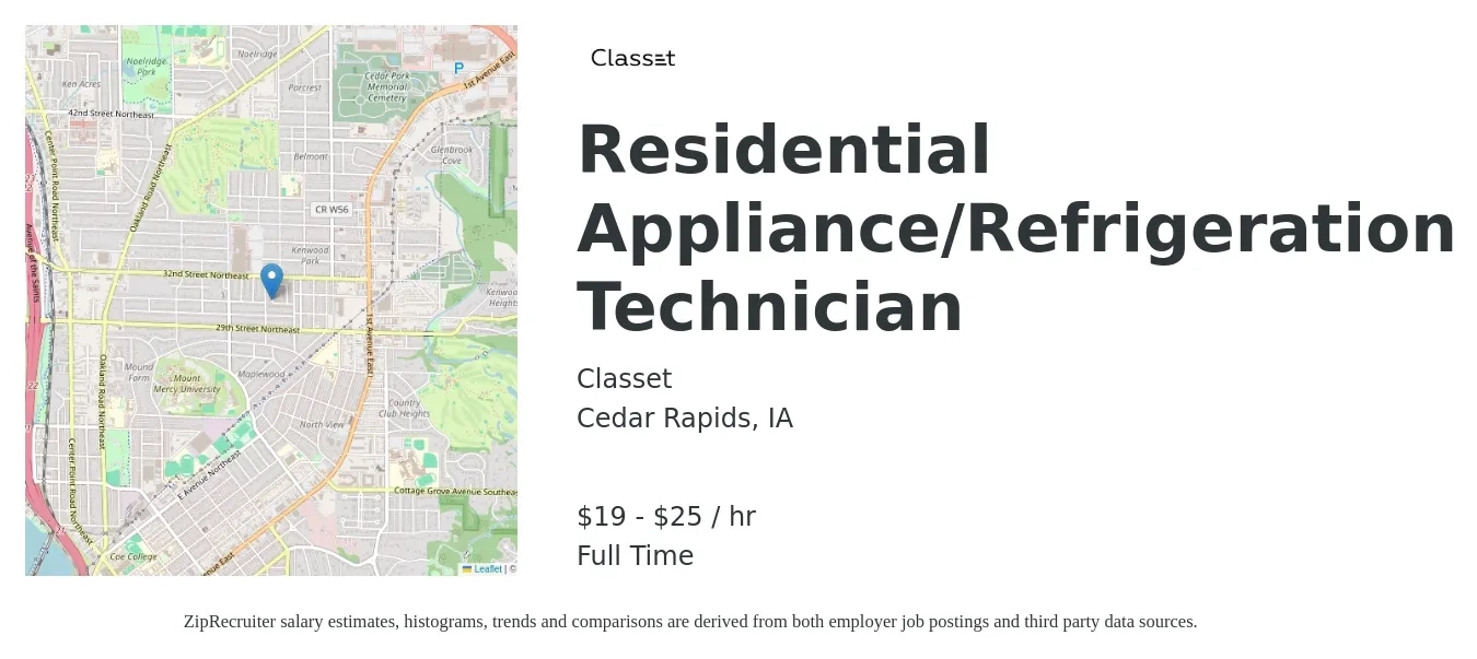 Classet job posting for a Residential Appliance/Refrigeration Technician in Cedar Rapids, IA with a salary of $20 to $27 Hourly with a map of Cedar Rapids location.