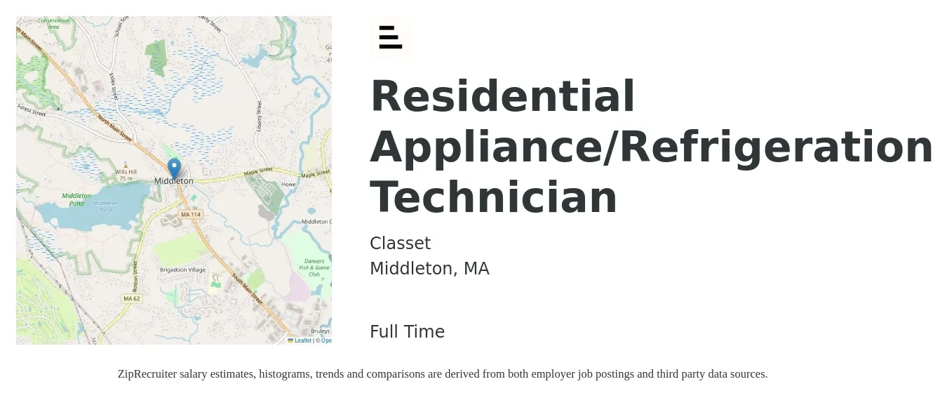 Classet job posting for a Residential Appliance/Refrigeration Technician in Middleton, MA with a salary of $24 to $30 Hourly with a map of Middleton location.