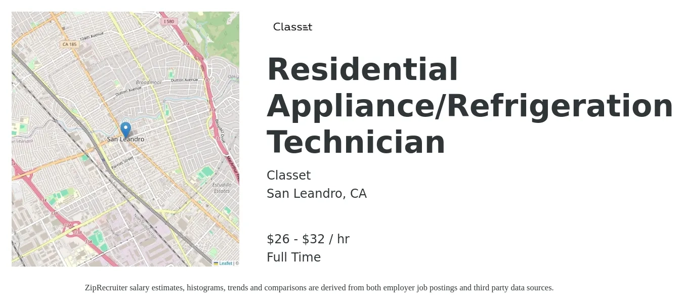 Classet job posting for a Residential Appliance/Refrigeration Technician in San Leandro, CA with a salary of $28 to $34 Hourly with a map of San Leandro location.