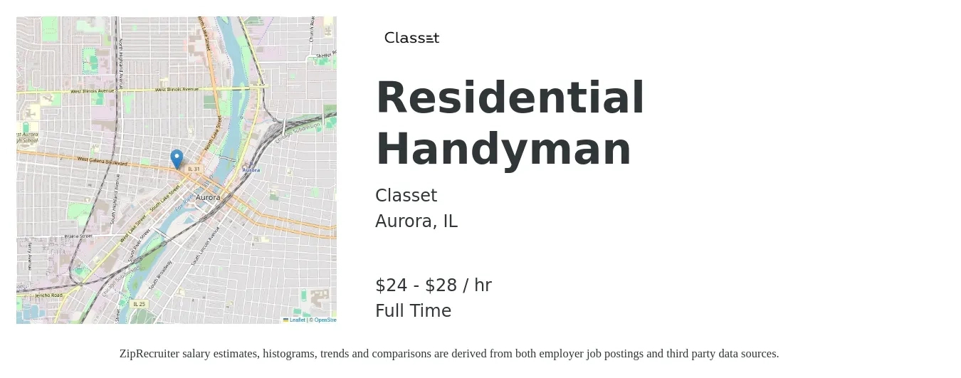 Classet job posting for a Residential Handyman in Aurora, IL with a salary of $25 to $30 Hourly with a map of Aurora location.