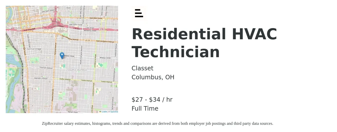 Classet job posting for a Residential HVAC Technician in Columbus, OH with a salary of $29 to $36 Hourly with a map of Columbus location.
