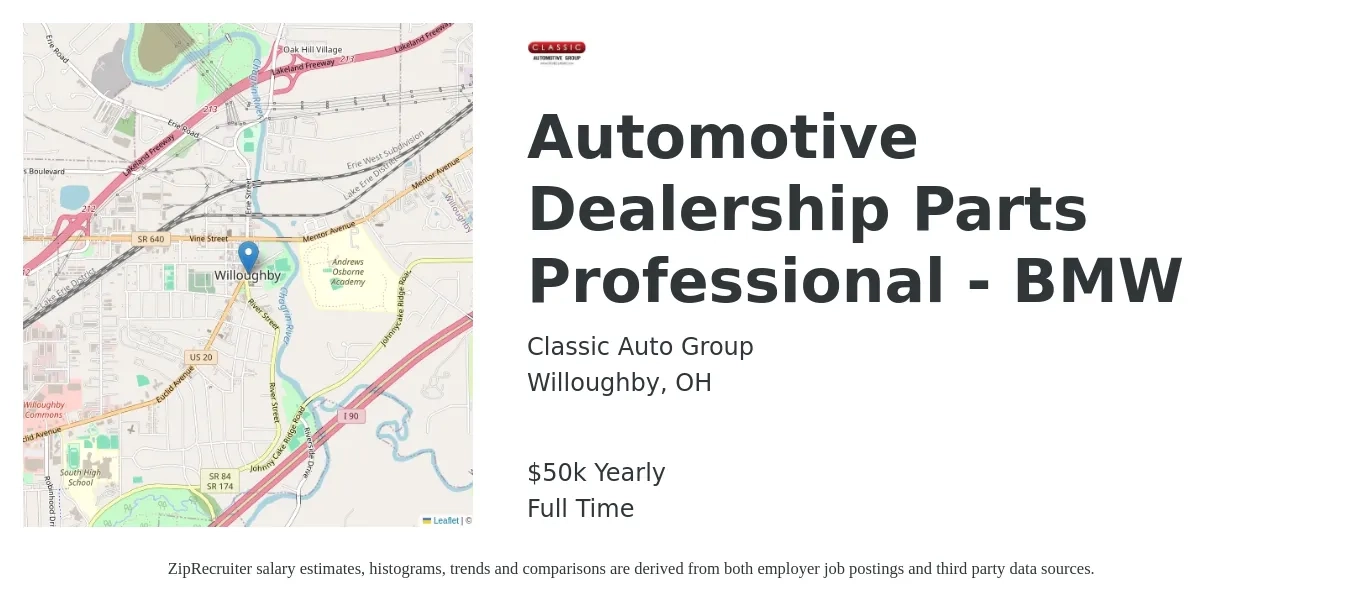 Classic Auto Group job posting for a Automotive Dealership Parts Professional - BMW in Willoughby, OH with a salary of $50,000 Yearly with a map of Willoughby location.