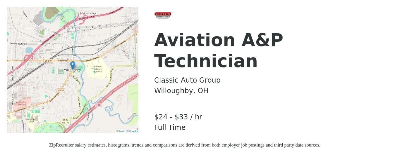 Classic Auto Group job posting for a Aviation A&P Technician in Willoughby, OH with a salary of $25 to $35 Hourly with a map of Willoughby location.