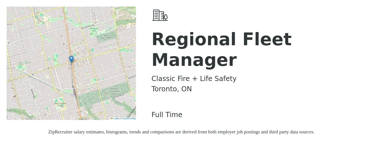 Classic Fire + Life Safety job posting for a Regional Fleet Manager in Toronto, ON with a map of Toronto location.