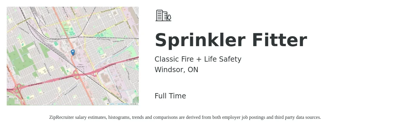 Classic Fire + Life Safety job posting for a Sprinkler Fitter in Windsor, ON with a map of Windsor location.