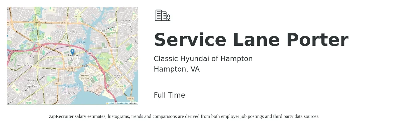 Classic Hyundai of Hampton job posting for a Service Lane Porter in Hampton, VA with a salary of $14 to $18 Hourly with a map of Hampton location.