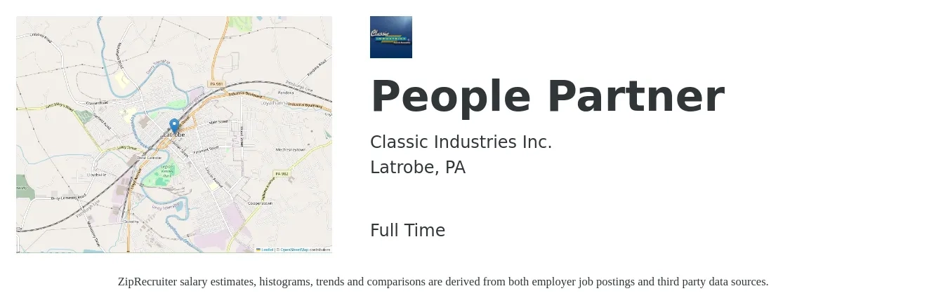 Classic Industries Inc. job posting for a People Partner in Latrobe, PA with a salary of $63,800 to $90,800 Yearly with a map of Latrobe location.