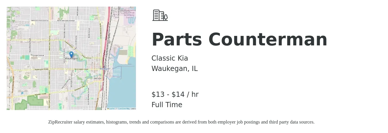 Classic Kia job posting for a Parts Counterman in Waukegan, IL with a salary of $14 to $15 Hourly with a map of Waukegan location.