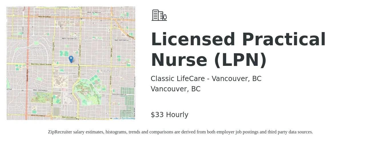 Classic LifeCare - Vancouver, BC job posting for a Licensed Practical Nurse (LPN) in Vancouver, BC with a salary of $35 Hourly with a map of Vancouver location.