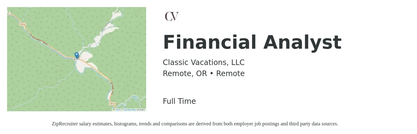 Classic Vacations, LLC job posting for a Financial Analyst in Remote, OR with a salary of $69,900 to $110,400 Yearly with a map of Remote location.