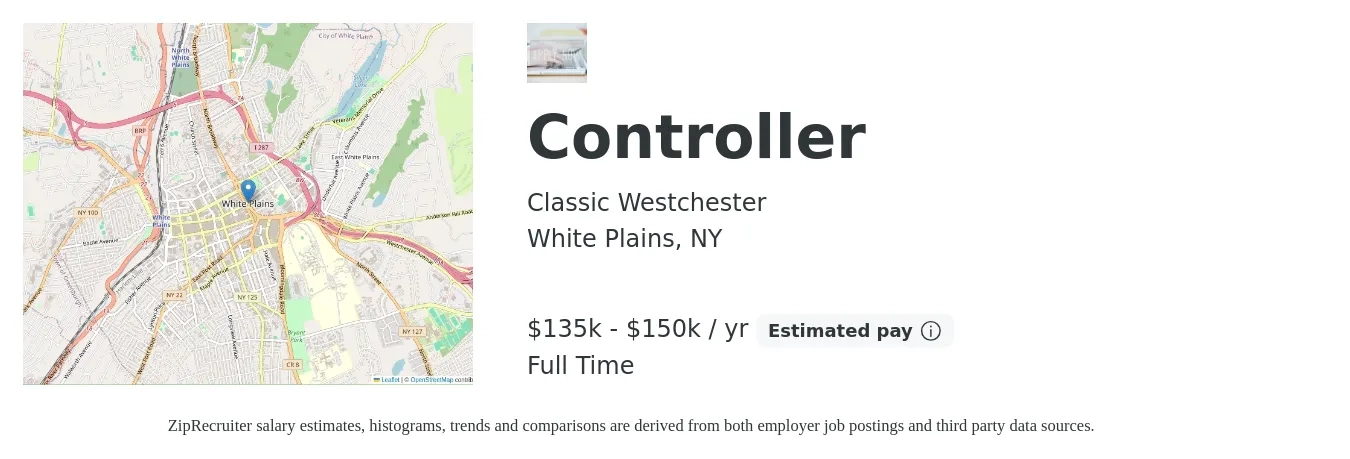 Classic Westchester job posting for a Controller in White Plains, NY with a salary of $135,000 to $150,000 Yearly with a map of White Plains location.