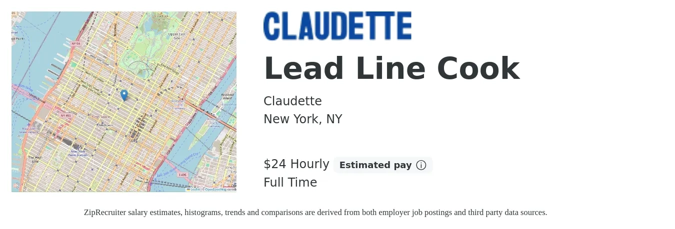 Claudette job posting for a Lead Line Cook in New York, NY with a salary of $25 Hourly with a map of New York location.