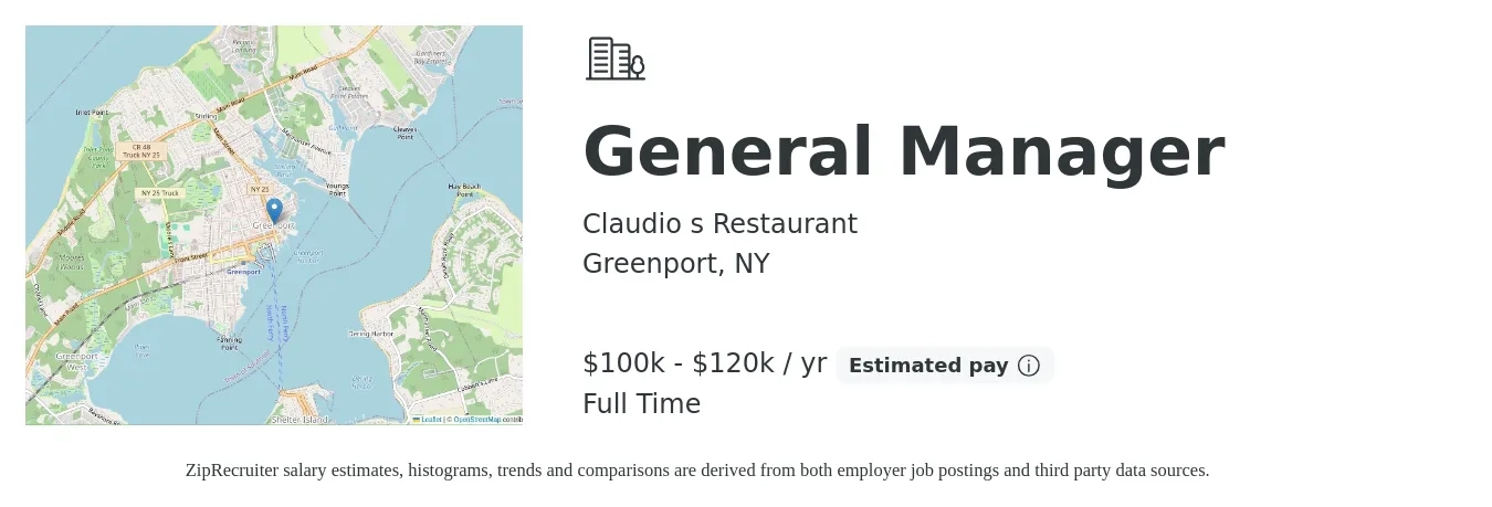Claudio s Restaurant job posting for a General Manager in Greenport, NY with a salary of $100,000 to $120,000 Yearly with a map of Greenport location.