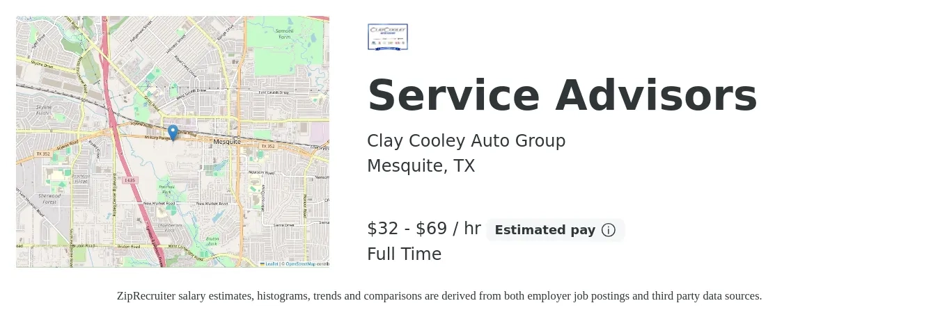 Clay Cooley Auto Group job posting for a Service Advisors in Mesquite, TX with a salary of $70,000 to $150,000 Yearly with a map of Mesquite location.