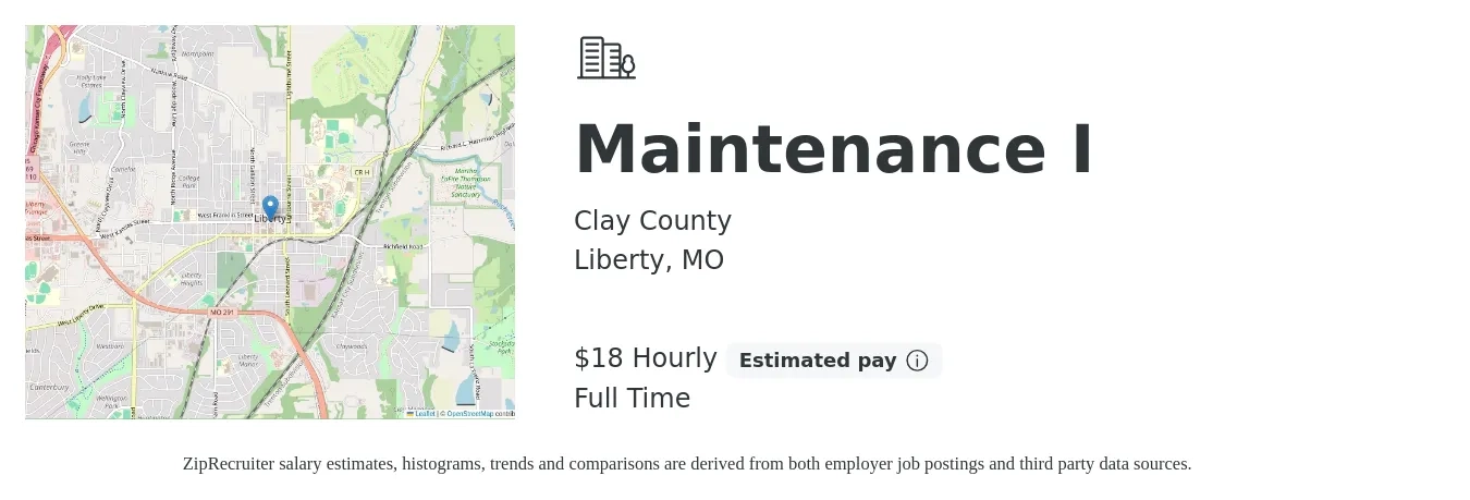Clay County job posting for a Maintenance I in Liberty, MO with a salary of $19 Hourly with a map of Liberty location.