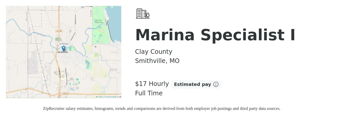 Clay County job posting for a Marina Specialist I in Smithville, MO with a salary of $18 Hourly with a map of Smithville location.