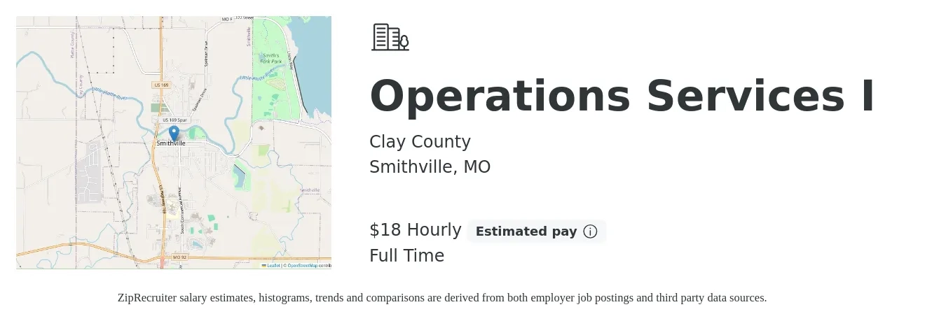 Clay County job posting for a Operations Services I in Smithville, MO with a salary of $20 Hourly with a map of Smithville location.