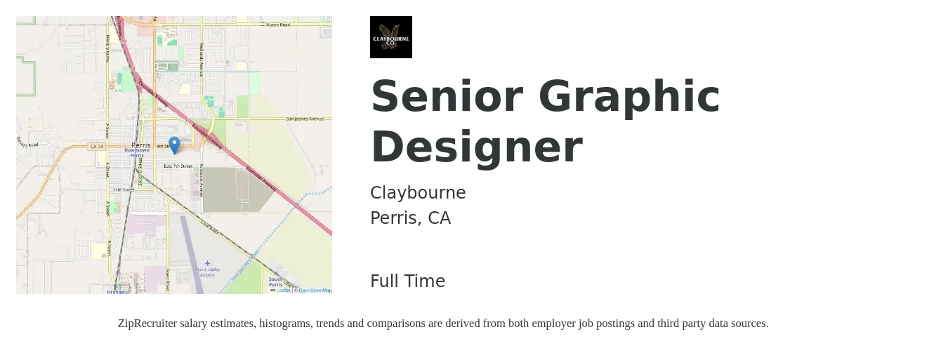 Claybourne job posting for a Senior Graphic Designer in Perris, CA with a salary of $78,000 Yearly with a map of Perris location.