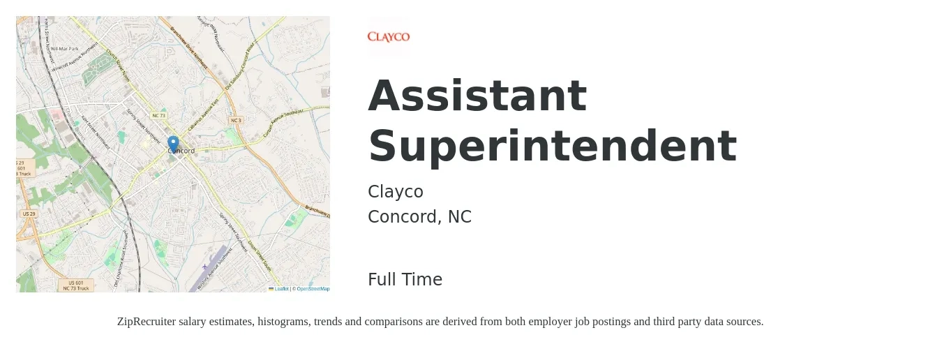 Clayco job posting for a Assistant Superintendent in Concord, NC with a salary of $33,500 to $68,500 Yearly with a map of Concord location.