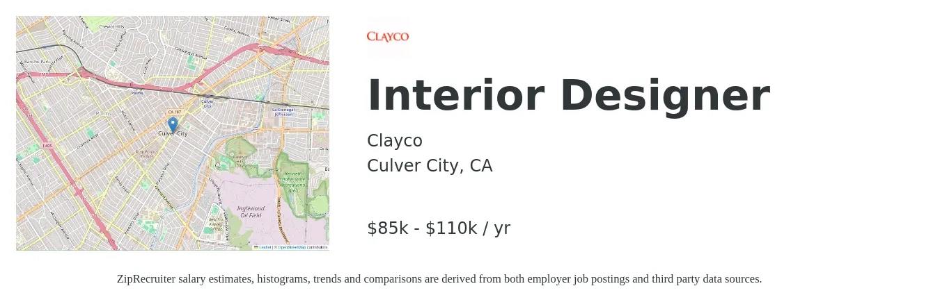 Clayco job posting for a Interior Designer in Culver City, CA with a salary of $85,000 to $110,000 Yearly with a map of Culver City location.