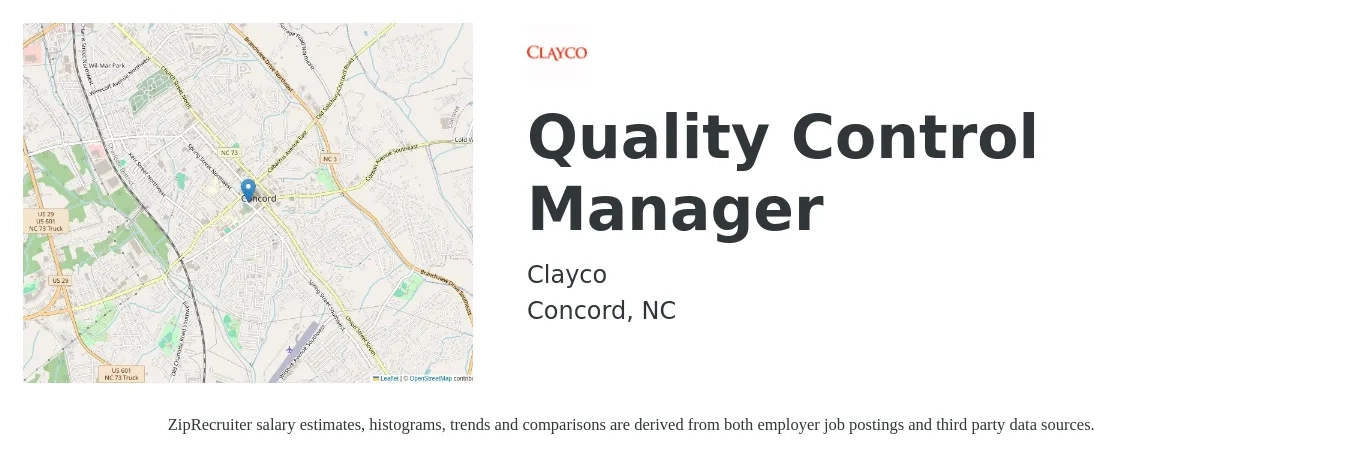 Clayco job posting for a Quality Control Manager in Concord, NC with a salary of $56,300 to $93,100 Yearly with a map of Concord location.