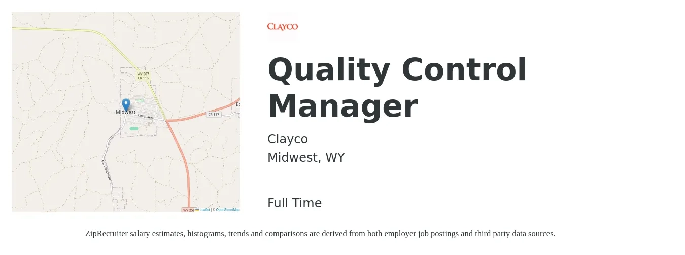 Clayco job posting for a Quality Control Manager in Midwest, WY with a salary of $58,700 to $97,100 Yearly with a map of Midwest location.