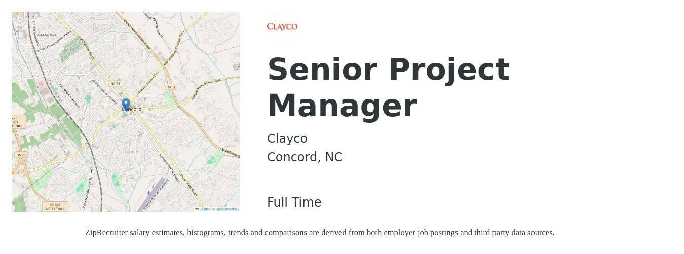 Clayco job posting for a Senior Project Manager in Concord, NC with a salary of $96,400 to $136,000 Yearly with a map of Concord location.