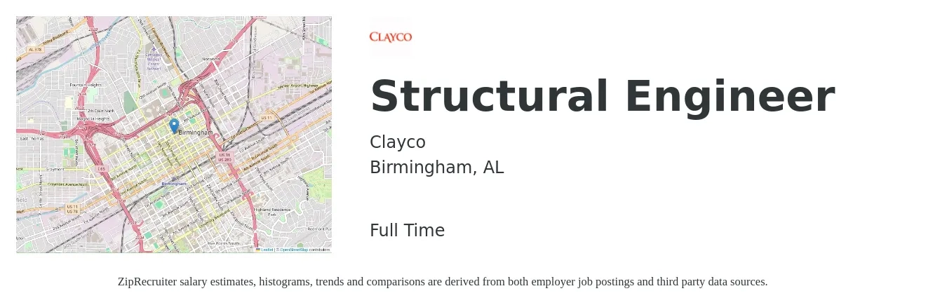 Clayco job posting for a Structural Engineer in Birmingham, AL with a salary of $75,000 to $105,900 Yearly with a map of Birmingham location.