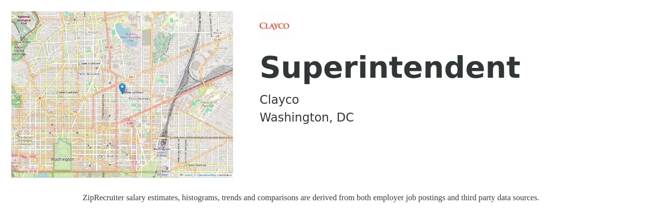 Clayco (Ventana) job posting for a Superintendent in Washington, DC with a salary of $78,500 to $127,700 Yearly with a map of Washington location.