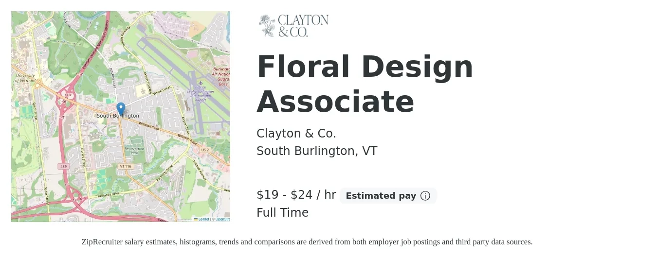 Clayton & Co. job posting for a Floral Design Associate in South Burlington, VT with a salary of $20 to $25 Hourly with a map of South Burlington location.