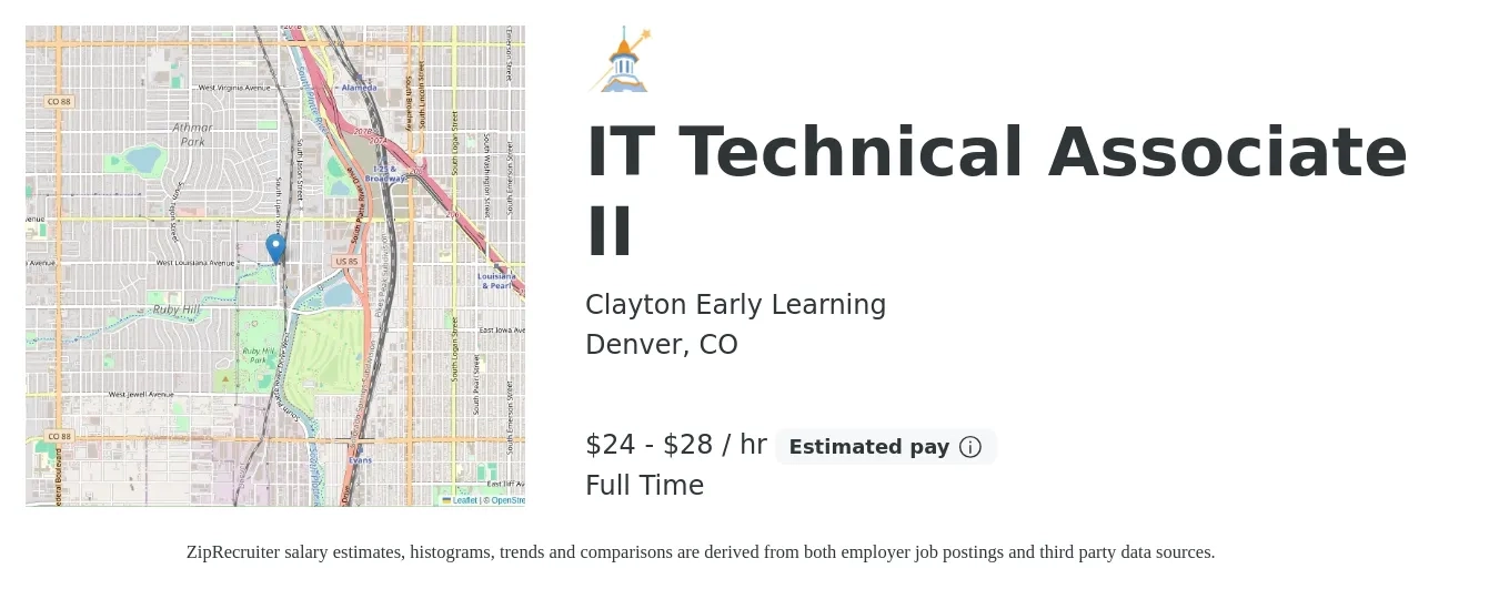 Clayton Early Learning job posting for a IT Technical Associate II in Denver, CO with a salary of $25 to $30 Hourly with a map of Denver location.