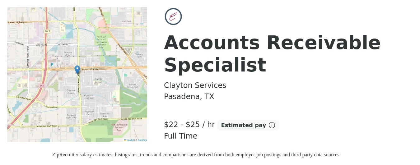 Clayton Services job posting for a Accounts Receivable Specialist in Pasadena, TX with a salary of $23 to $26 Hourly with a map of Pasadena location.