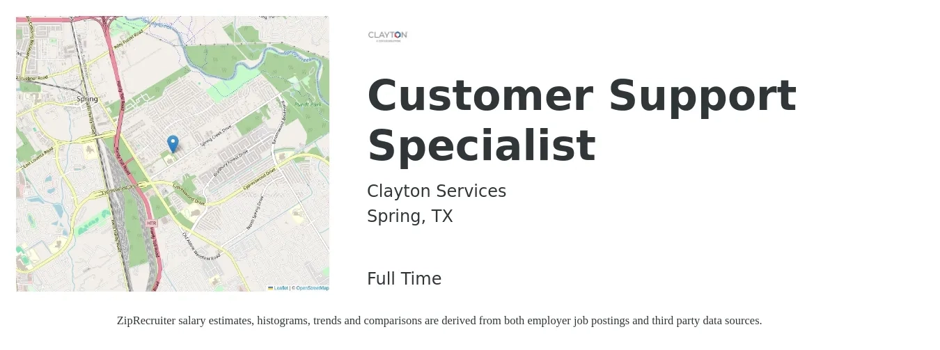 Clayton Services job posting for a Customer Support Specialist in Spring, TX with a salary of $42,000 to $45,000 Yearly and benefits including pto, retirement, vision, dental, life_insurance, and medical with a map of Spring location.